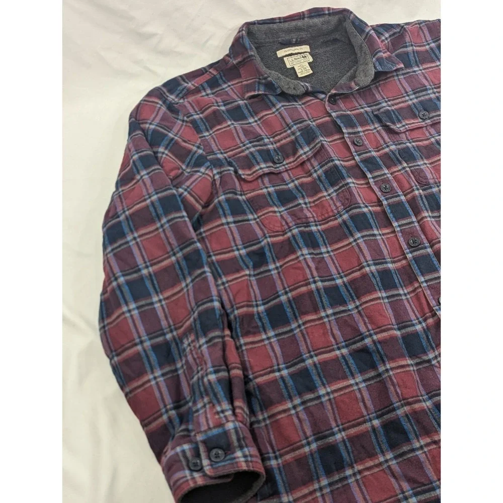 Vtg LL Bean Fleece Lined Flannel Shacket Plum Purpl Plaid Traditional Fit XL Reg